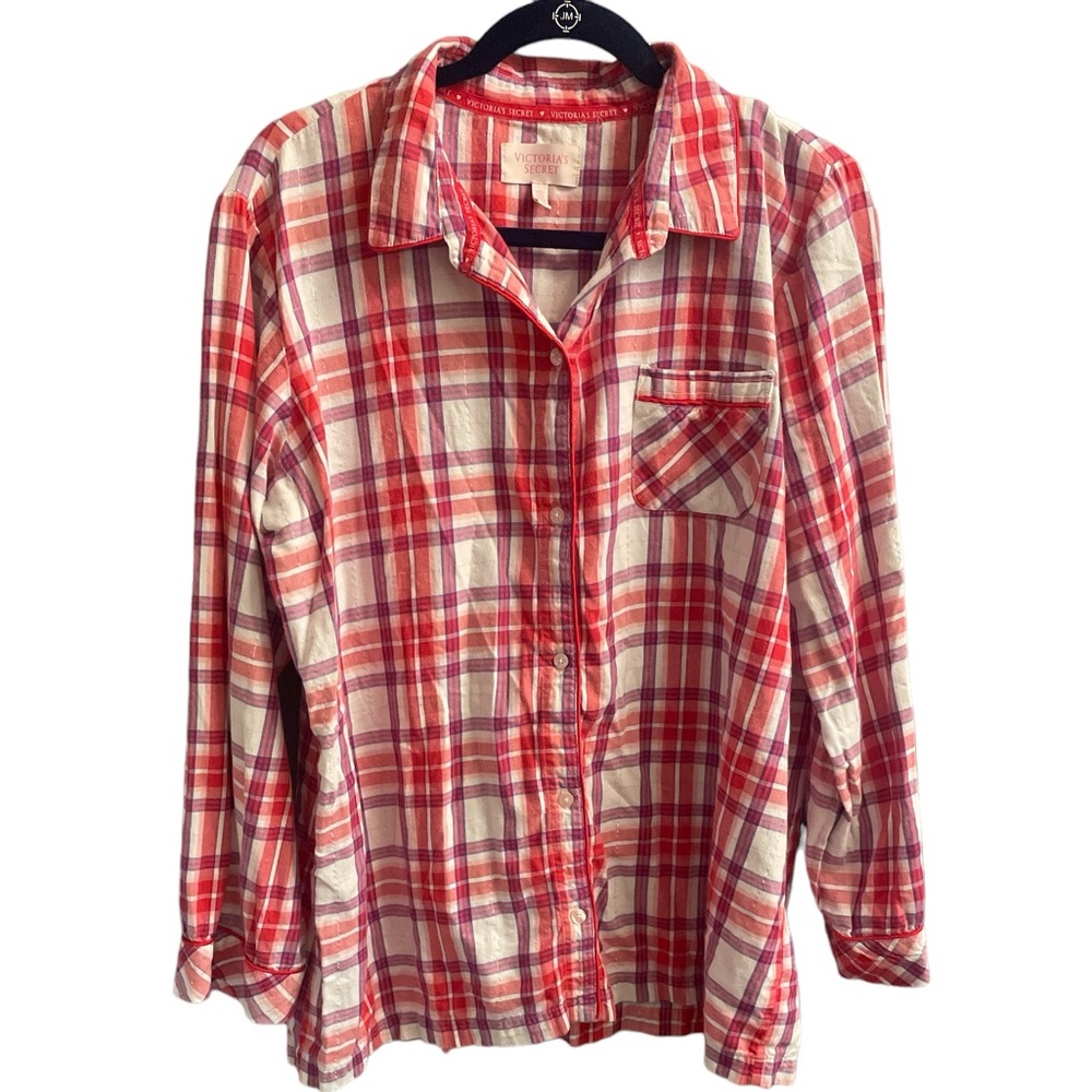 Victorias Secret Red Pink Plaid Flannel Pajama Top Shimmer Button Down XL